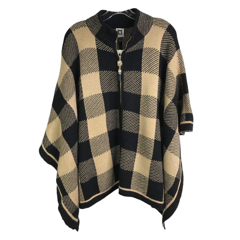 Anne Klein Mock Neck Plaid Poncho Zip Up Cardigan Womens Sz‎ S Open Sleeves NWT